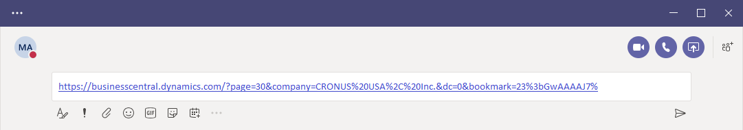 Paste Business Central URL in Teams.