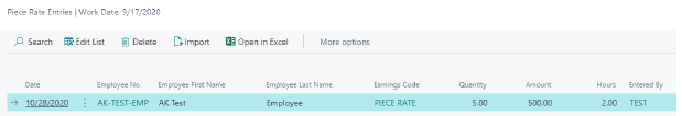 Piece rate entry table