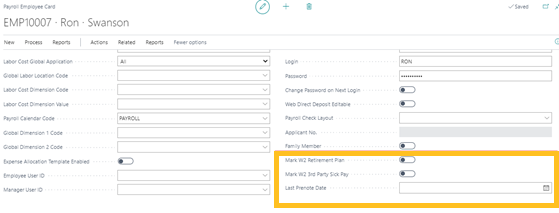 W2 employee card settings