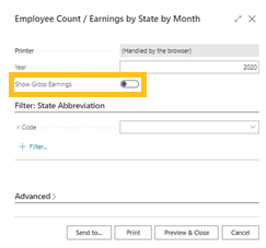 Employee count / earnings by month by state report