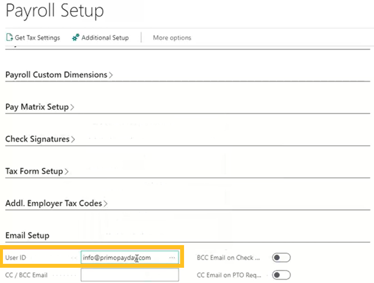 Payroll Setup page User ID field