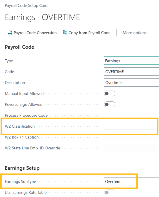 Payroll Code Setup Card page W2 Classification and Earnings SubType fields
