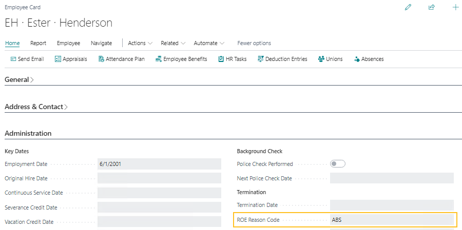 Employee Card page ROE Reason Code field