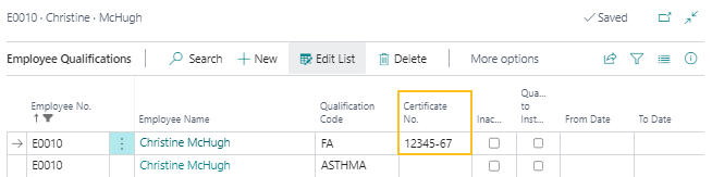 Employee Qualifications page Certificate No. field