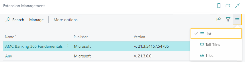 Extension Management page View Layout Options