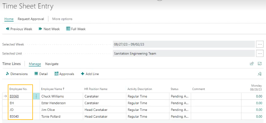 Time Sheet Entry page Employee No. column