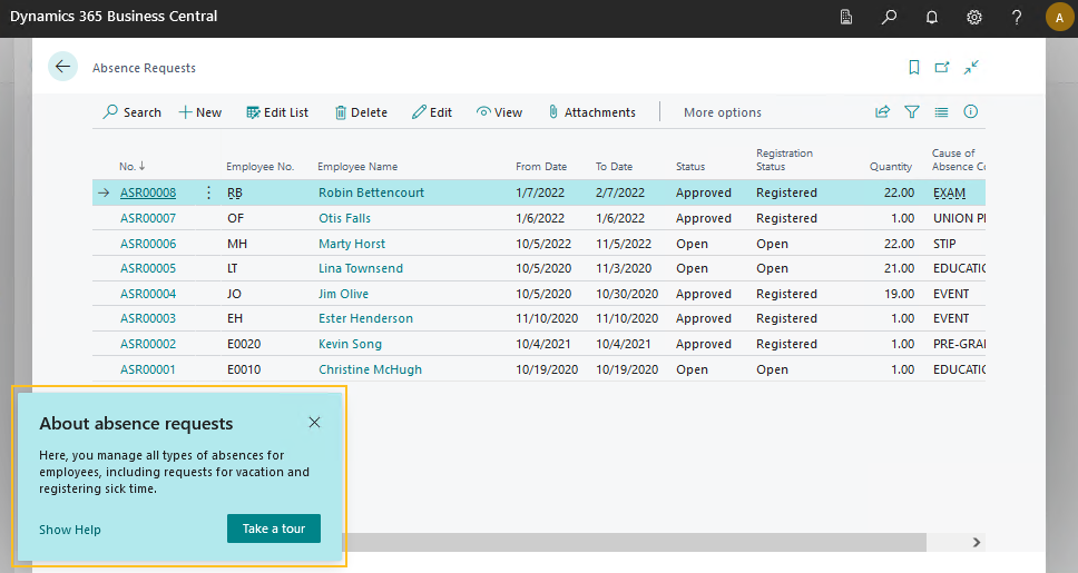 Absence Requests list page Teaching Tour