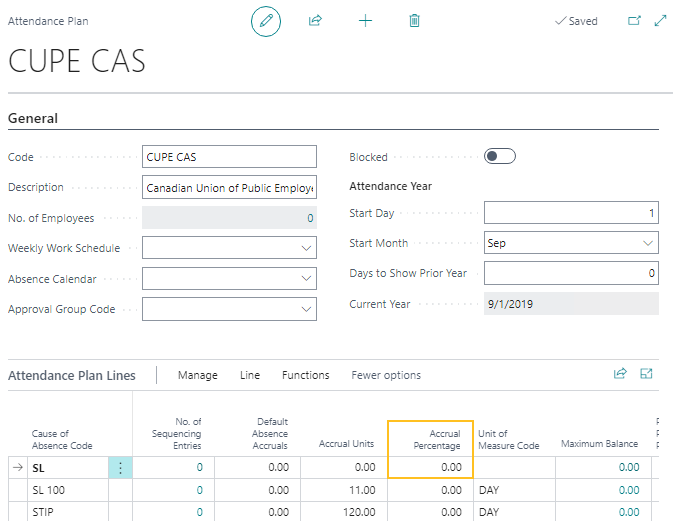 Attendance Plan page Accrual Percentage field