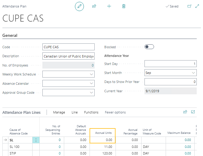 Attendance Plan page Accrual Units field