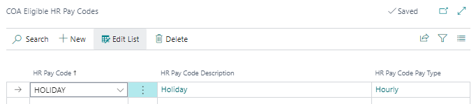 COA Eligible HR Pay Codes page