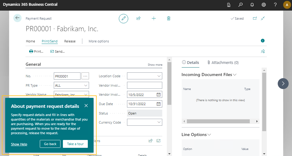 Finance Department Manager payment requests guided experience