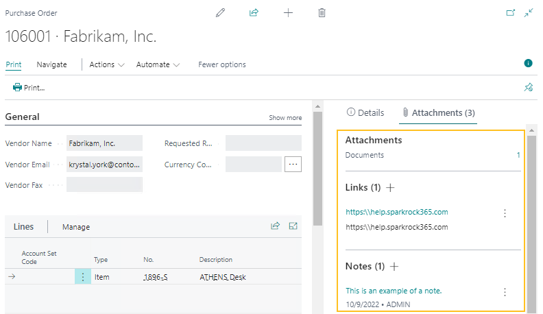 Finance Department Manager Purchase Order page attachments, links, and notes