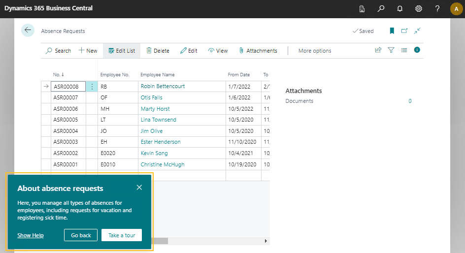 Human Resources Manager absence requests guided experience