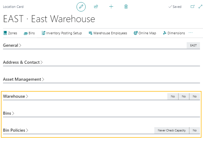 Location Card page Warehouse, Bins and Bin Policies FastTabs