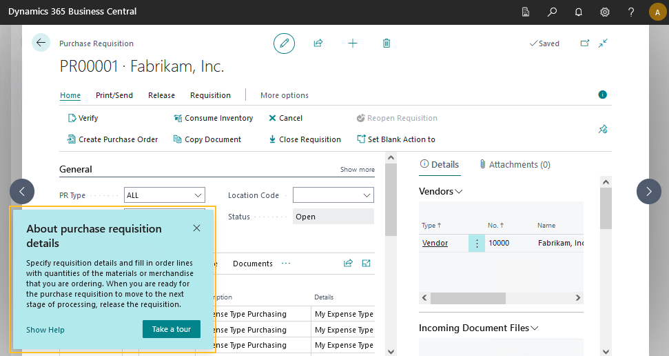 Purchase Requisition page Teaching Tour