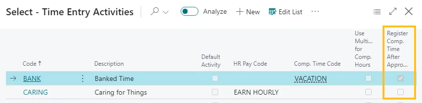 Time Entry Activities page Register Comp. Time After Approval field