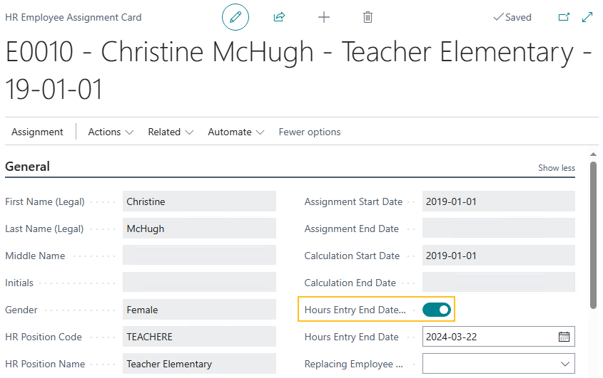 HR Employee Assignment Card page Hours Entry End Date Enabled on Assignment field