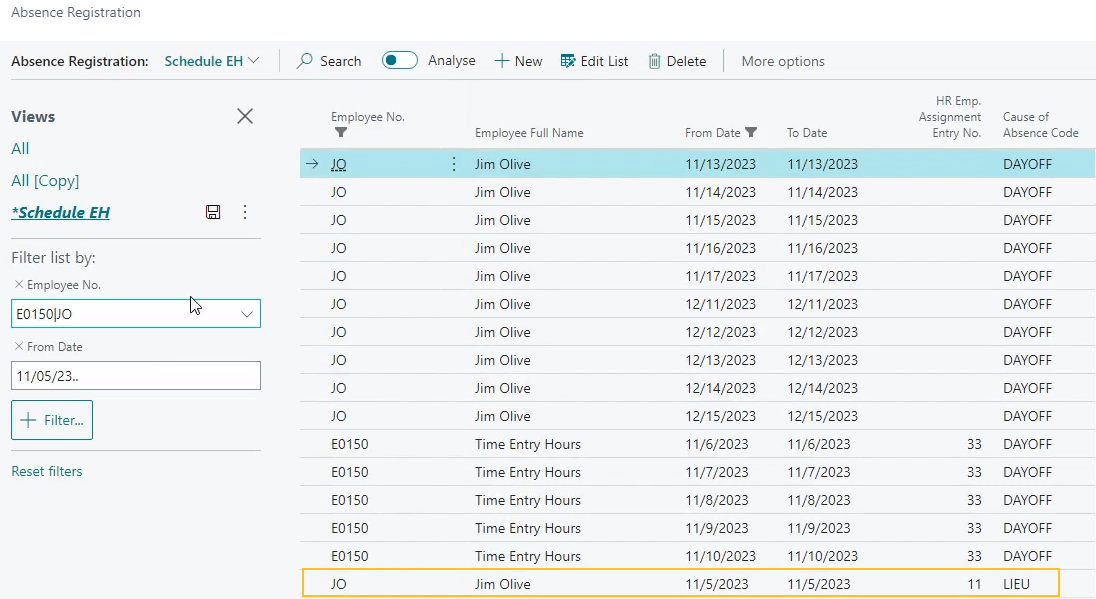 Absence Registration page Cause of Absence Code field