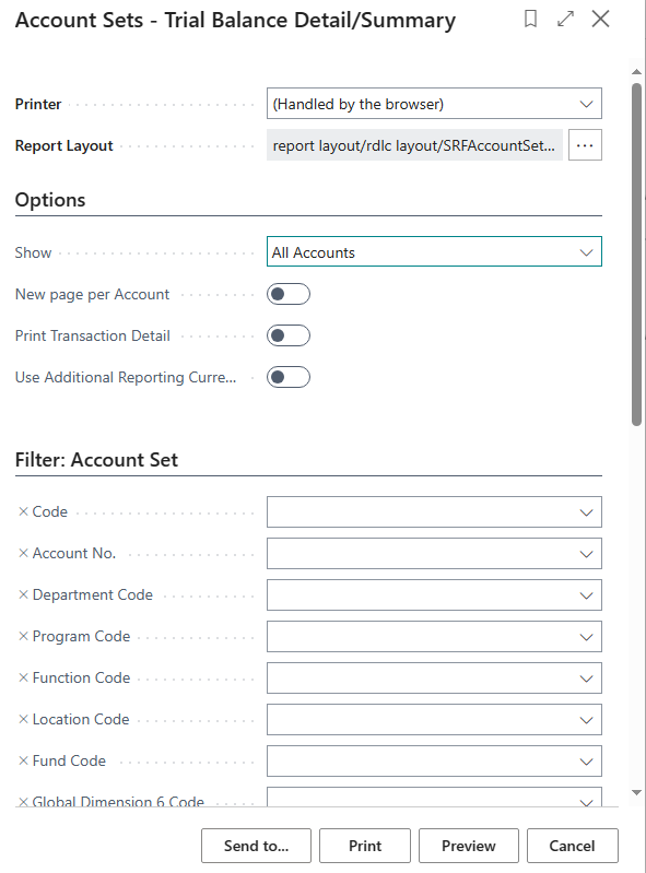 Account Sets - Trial Balance Detail/Summary page