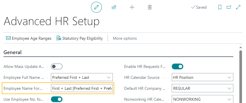 Advanced HR Setup page Employee Name Format on Paystub field