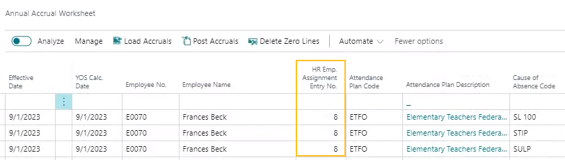 Annual Accrual Worksheet page HR Emp. Assignment Entry No. field