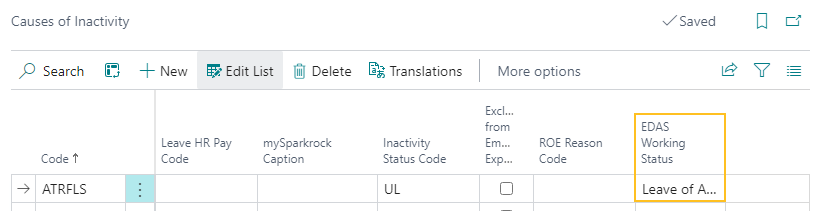 Causes of Inactivity page EDAS Working Status field