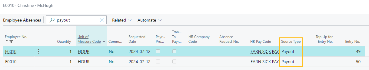 Employee Absences page Source Type Payout