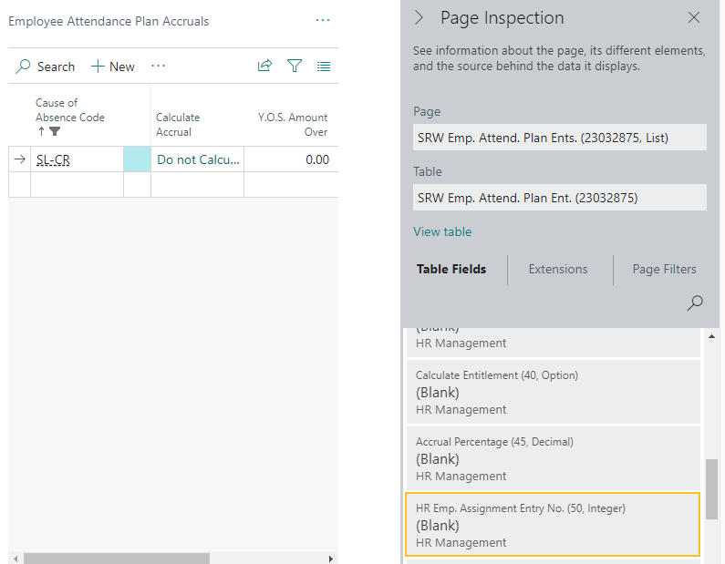 Employee Attendance Plan Accruals page HR Emp. Assignment Entry No. field