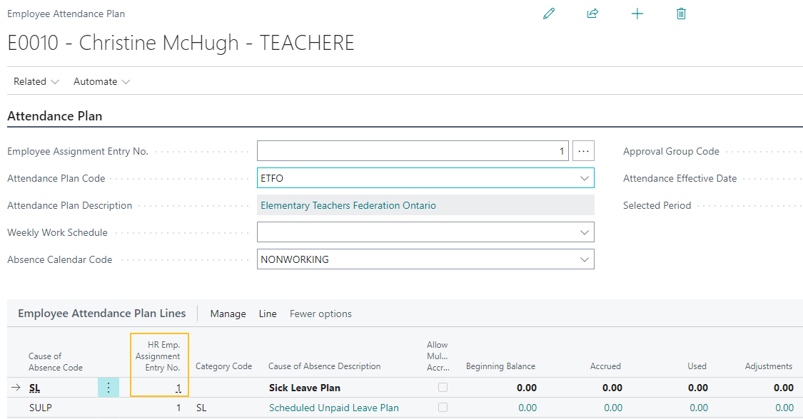 Employee Attendance Plan page HR Emp. Assignment Entry No. field