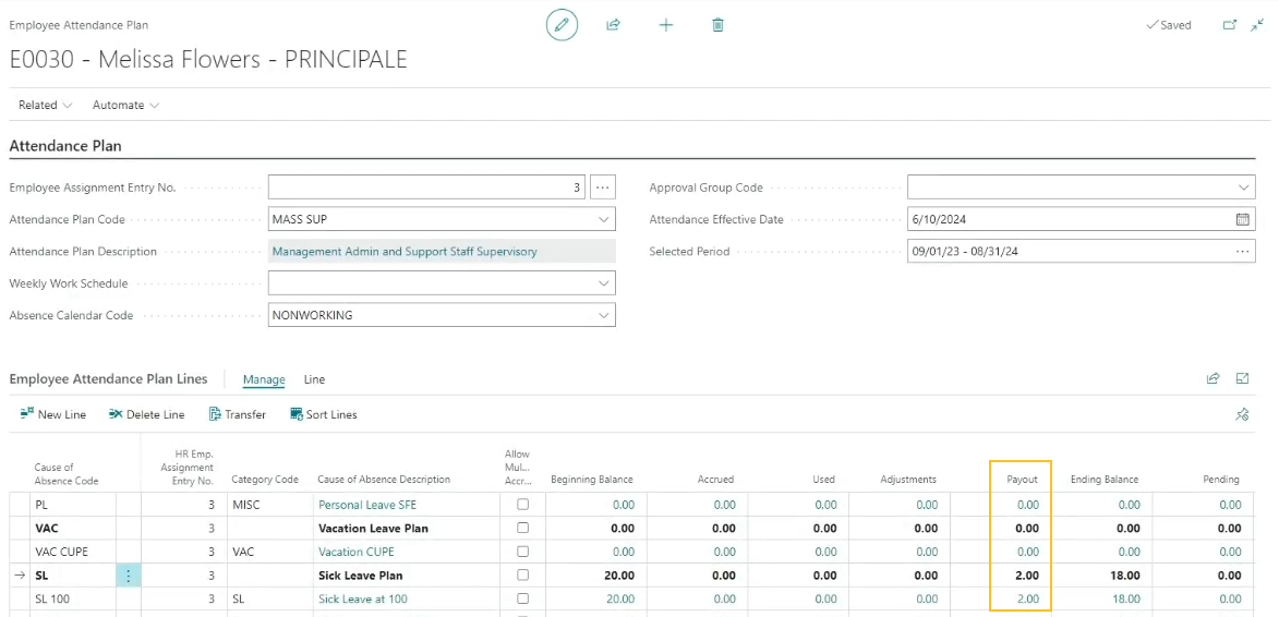 Employee Attendance Plan page Payout field