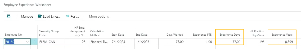 Employee Experience Worksheet page Experience Days and Experience Years fields