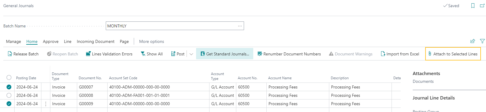 General Journals page Attach to Selected Lines action