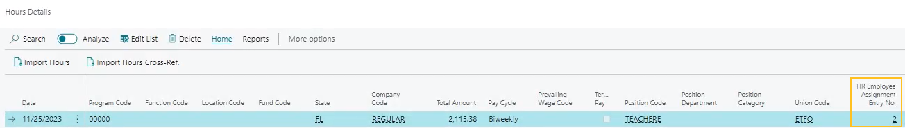 Hours Details page HR Employee Assignment Entry No. field