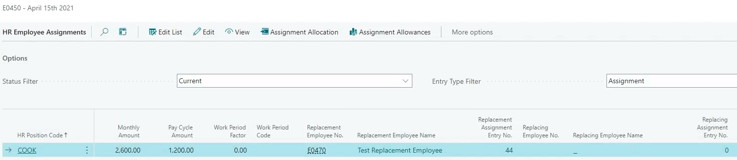 HR Request Hire page Replacement Assignment Entry No. and Replacing Assignment Entry No. fields