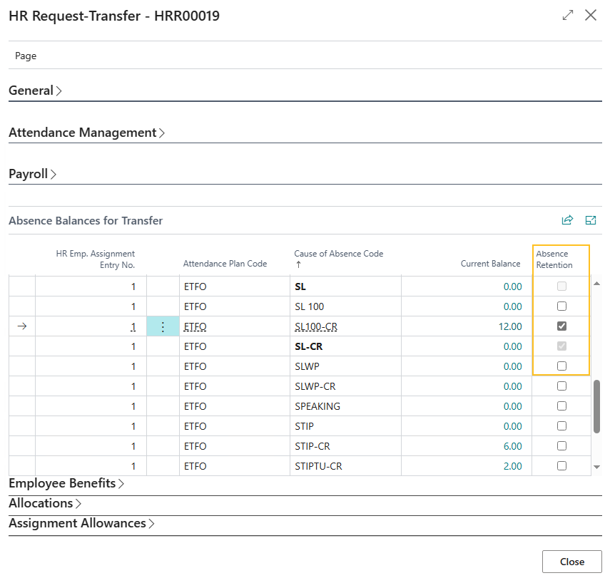 HR Request-Transfer page Absence Retention field