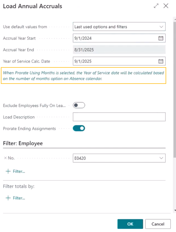 Load Annual Accruals page information message