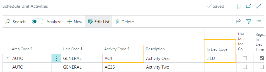 Schedule Unit Activities page In Lieu Code field