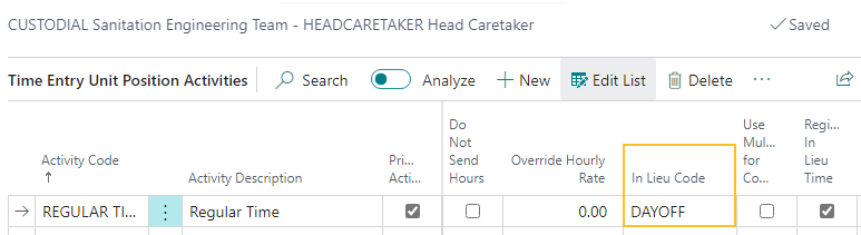 Time Entry Unit Position Activities page Comp. Time Code field