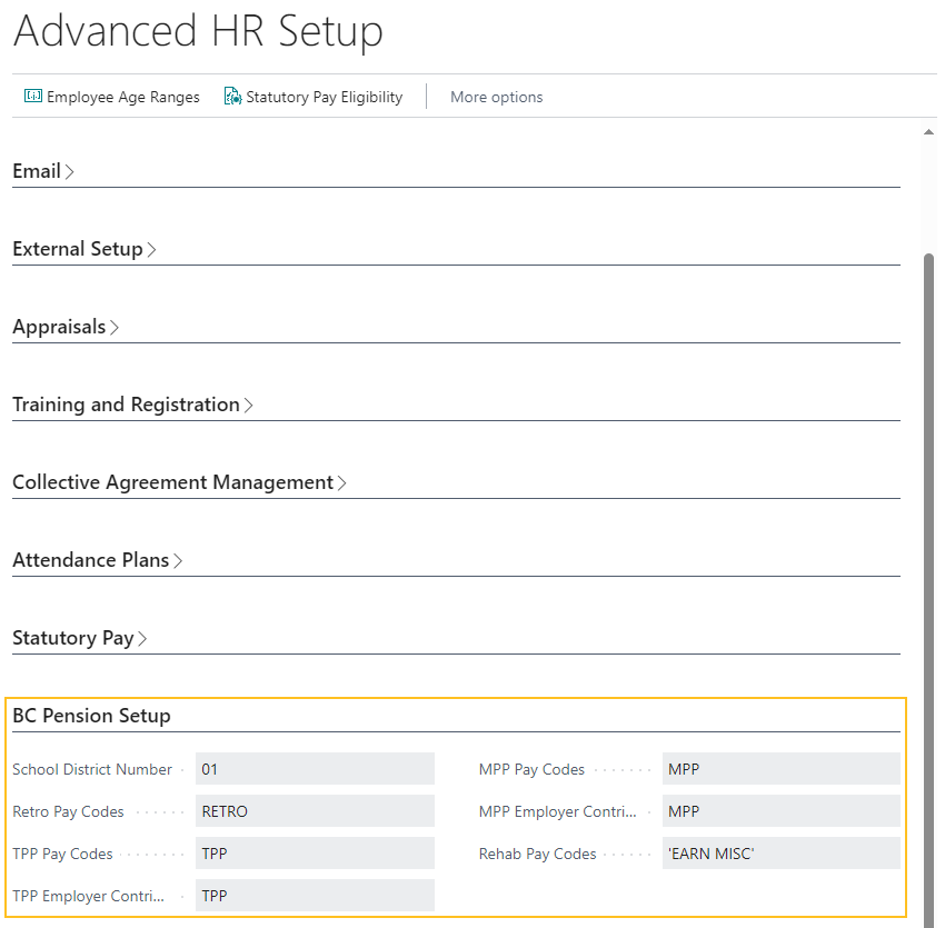 Advanced HR Setup page BC Pension Setup FastTab