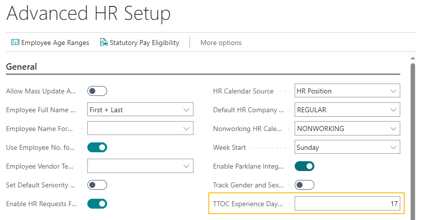 Advanced HR Setup page TTOC Experience Days for Transfer field