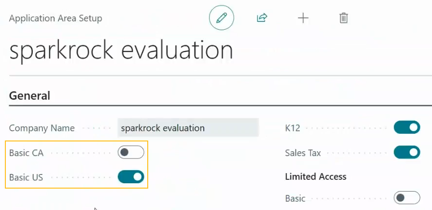 Application Area Setup page Basic CA and Basic US fields