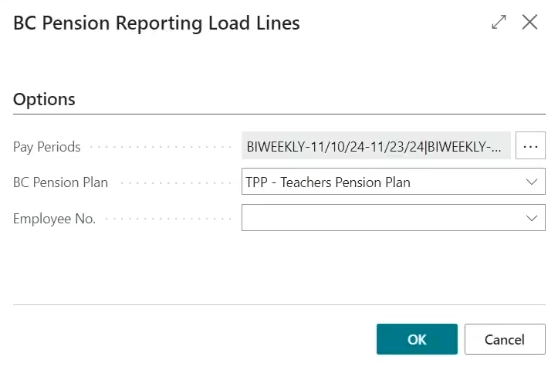 BC Pension Reporting Load Lines page