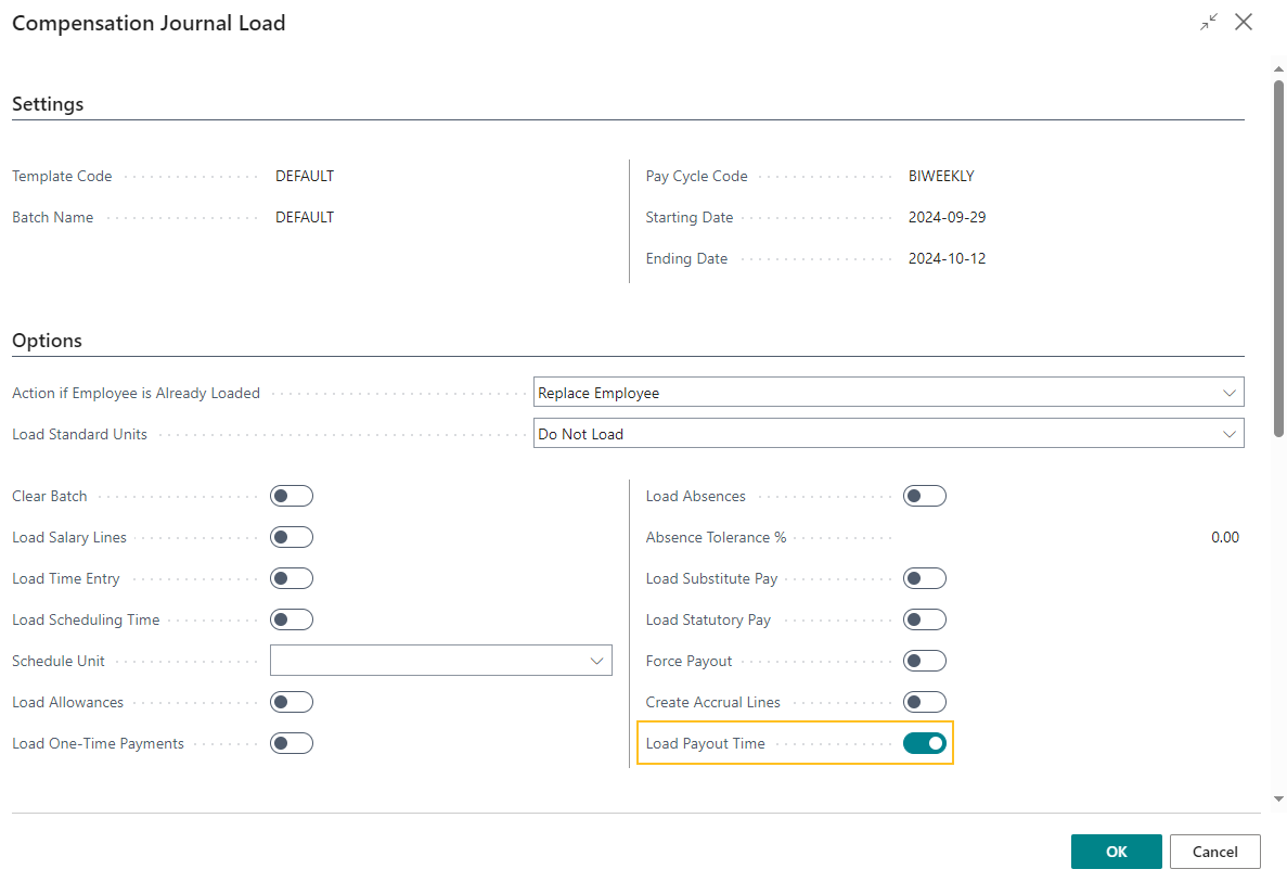 Compensation Journal Load page Load Payout Time field