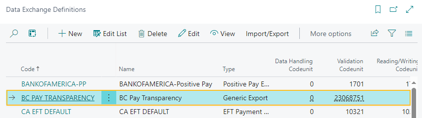 Data Exchange Definitions page BC Pay Transparency record