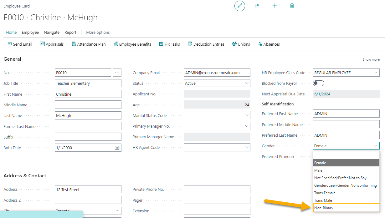 Employee Card page Gender field