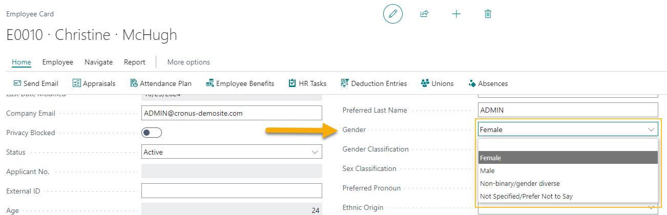 Employee Card page Gender field