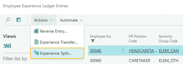 Employee Experience Ledger Entries page Experience Split action