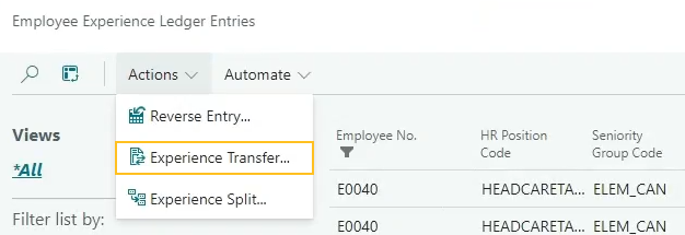 Employee Experience Ledger Entries page Experience Transfer action