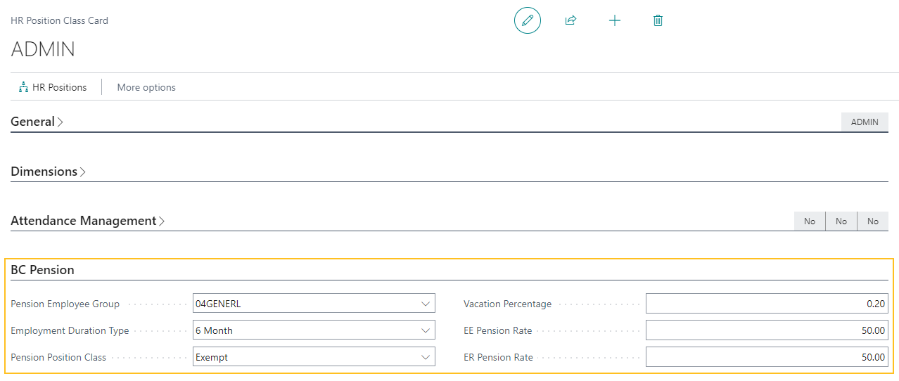 HR Position Class Card page BC Pension FastTab