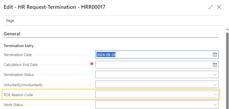 HR Request-Termination page ROE Reason Code field